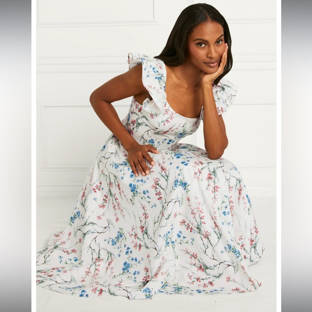 Floral Ruffle-Sleeve White Maxi Dress